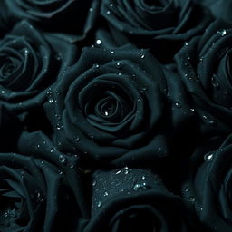 A collection of black roses adorned with delicate water droplets, each petal shimmering under soft, ambient light