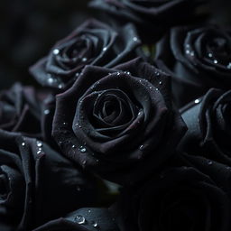 A collection of black roses adorned with delicate water droplets, each petal shimmering under soft, ambient light