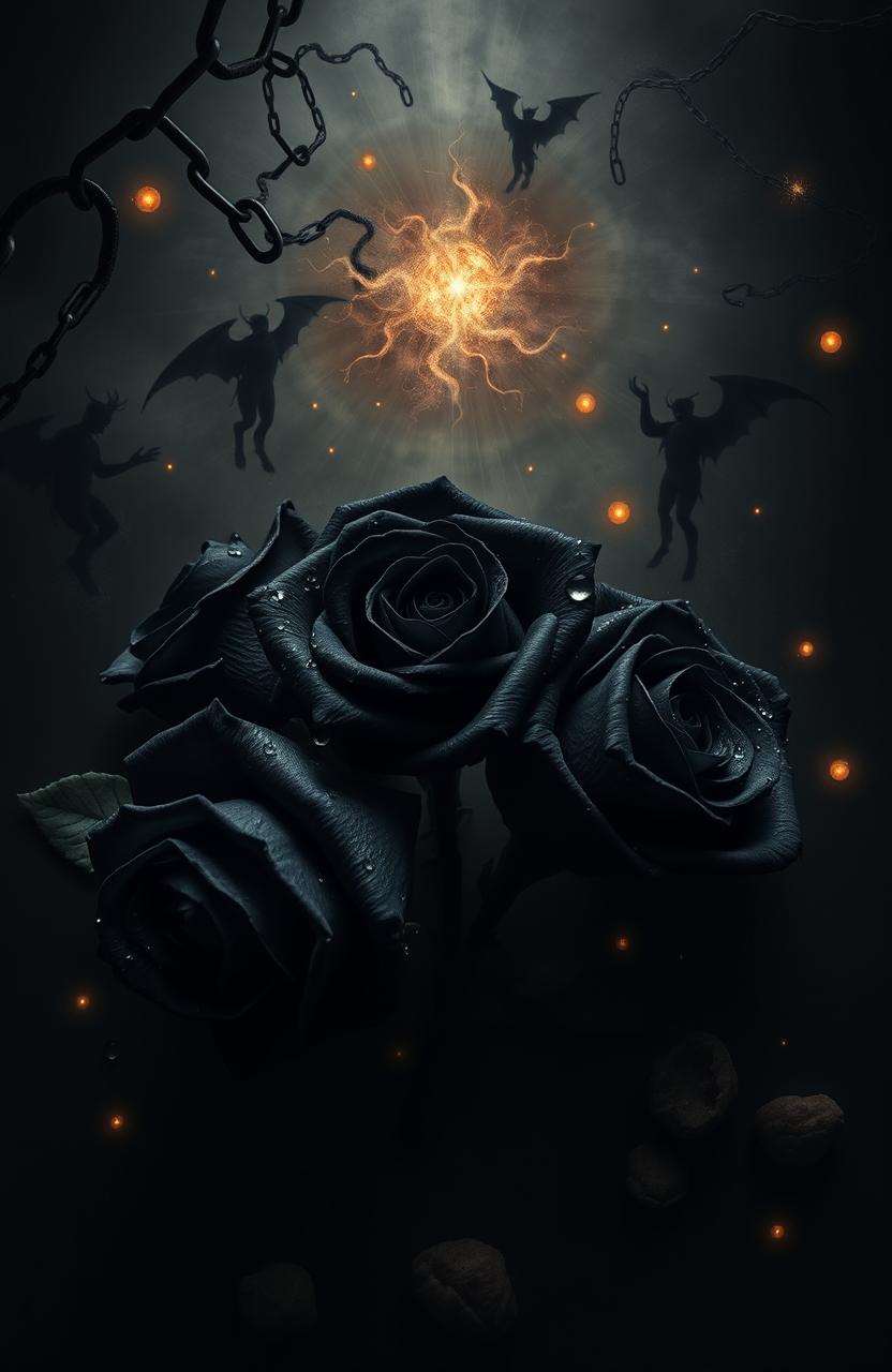 A composition centered on black roses with water drops on their petals, symbolizing resilience in the face of adversity