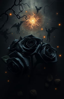 A composition centered on black roses with water drops on their petals, symbolizing resilience in the face of adversity