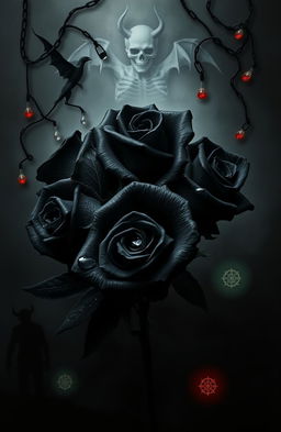 A composition centered on black roses with water drops on their petals, symbolizing resilience in the face of adversity