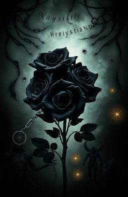 A composition centered on black roses with water drops on their petals, symbolizing resilience in the face of adversity