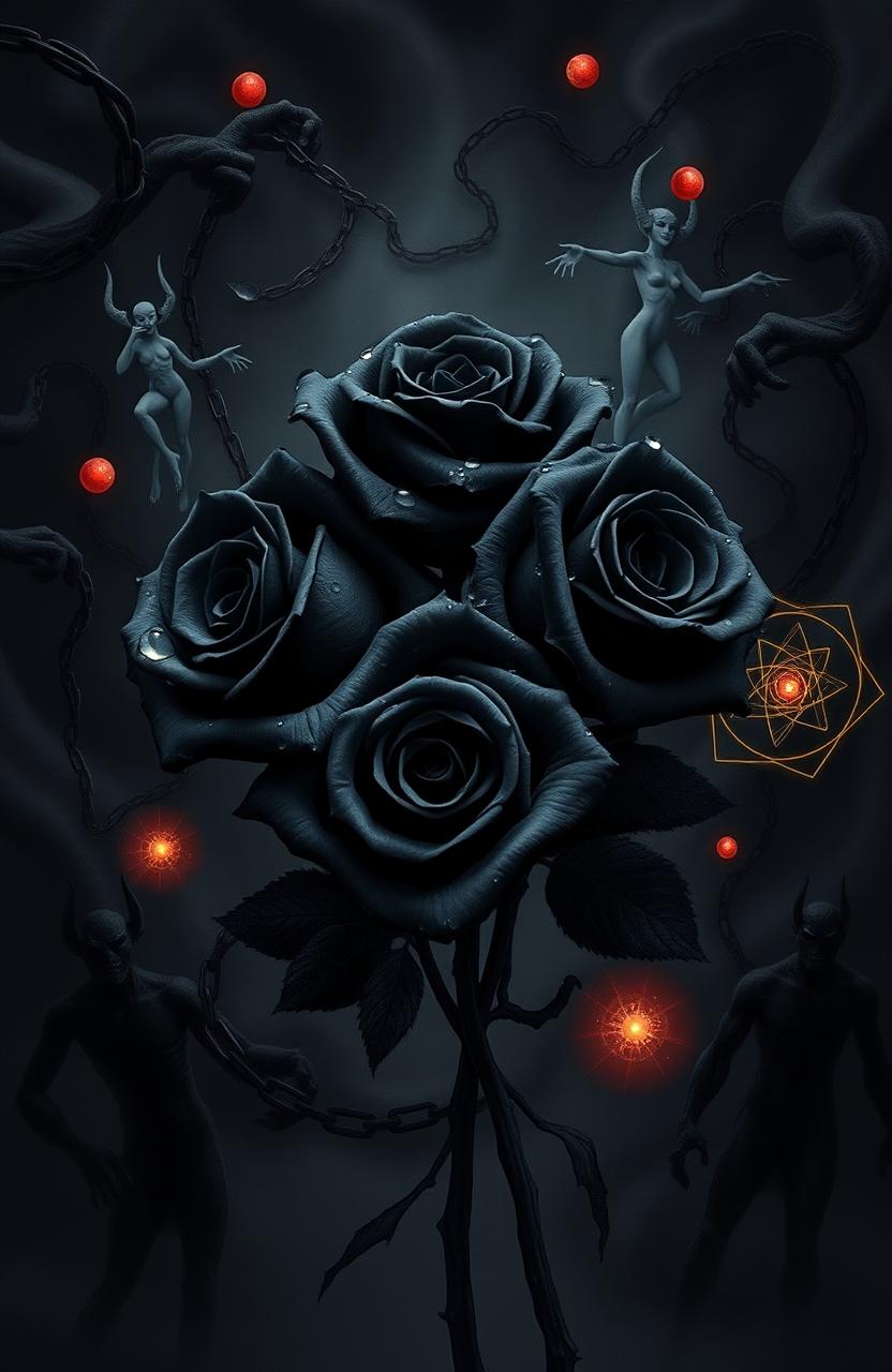 A composition centered on black roses with water drops on their petals, symbolizing resilience in the face of adversity