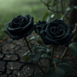 A realistic depiction of black roses with glistening water drops on their petals, set against a natural backdrop