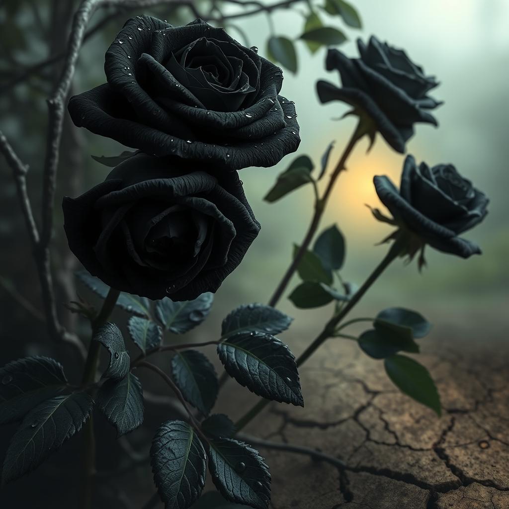 A realistic depiction of black roses with glistening water drops on their petals, set against a natural backdrop