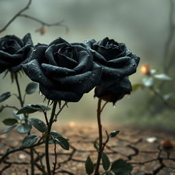 A realistic depiction of black roses with glistening water drops on their petals, set against a natural backdrop