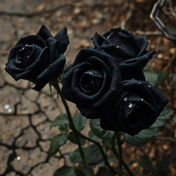 A realistic depiction of black roses with glistening water drops on their petals, set against a natural backdrop