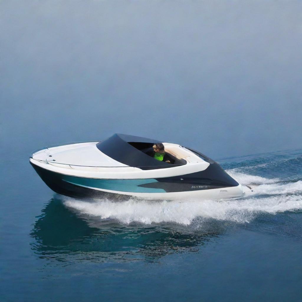 A compact and charming speed boat design that incorporates the characteristic bubbly shape and colors of a Mini Cooper