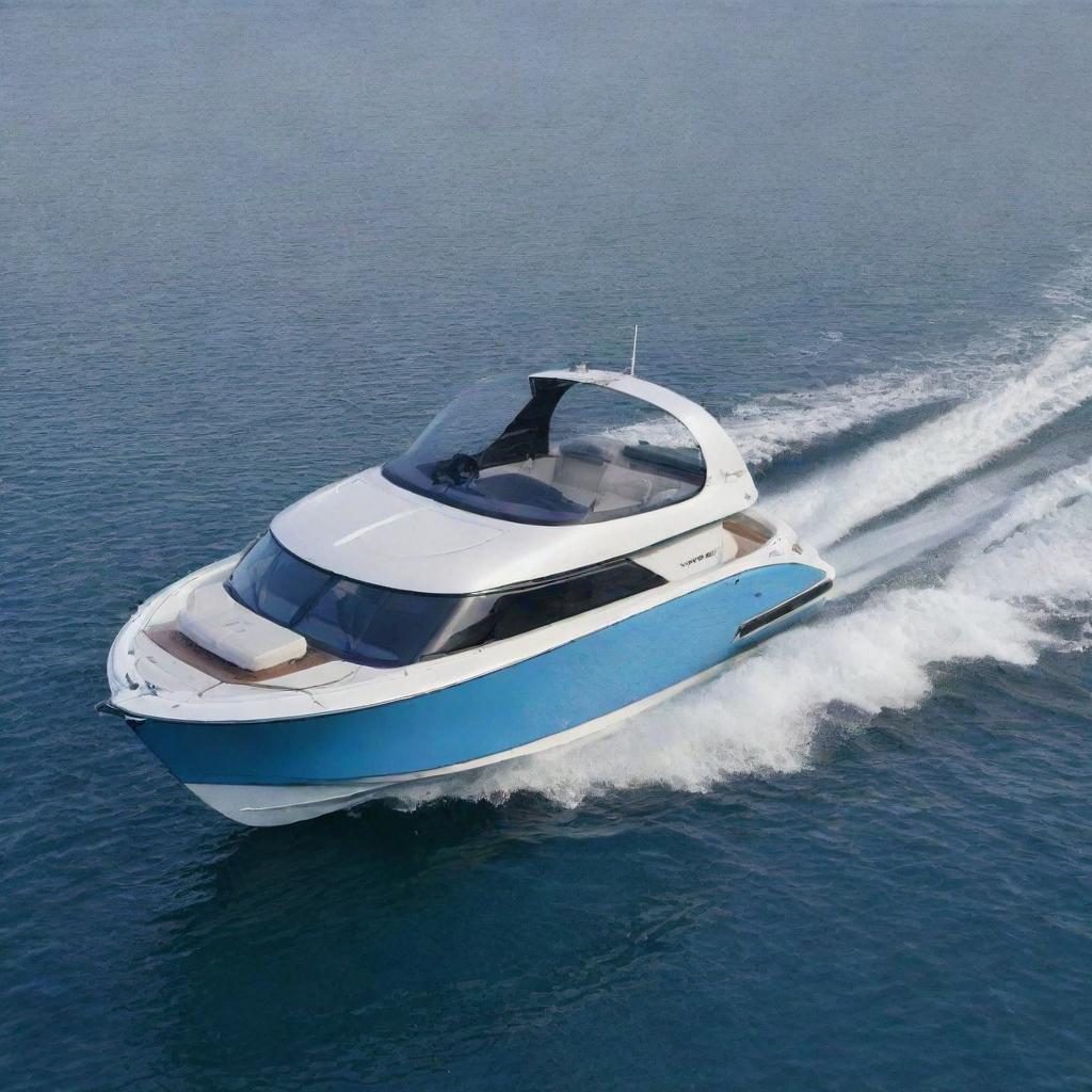 A compact and charming speed boat design that incorporates the characteristic bubbly shape and colors of a Mini Cooper