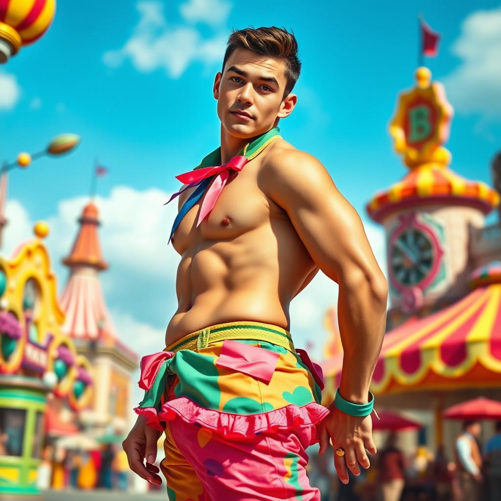 A young adult male with an exaggerated hourglass figure, featuring large breasts and a prominent posterior, dressed in a playful and colorful outfit traditionally associated with women