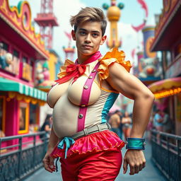 A young adult male with an exaggerated hourglass figure, featuring large breasts and a prominent posterior, dressed in a playful and colorful outfit traditionally associated with women