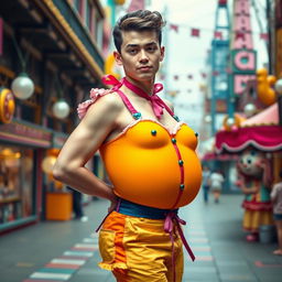 A young adult male with an exaggerated hourglass figure, featuring large breasts and a prominent posterior, dressed in a playful and colorful outfit traditionally associated with women