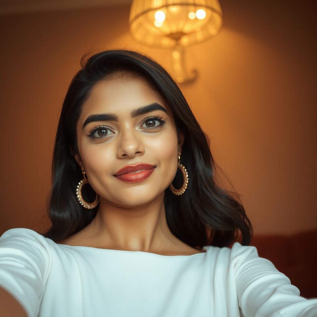 an Indian woman taking a selfie, her expression confident and serene, capturing natural elegance and grace; against a soft lighting background that accentuates her features, the atmosphere of the image radiates warmth and sophistication