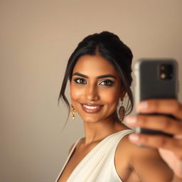 an Indian woman taking a selfie, her expression confident and serene, capturing natural elegance and grace; against a soft lighting background that accentuates her features, the atmosphere of the image radiates warmth and sophistication