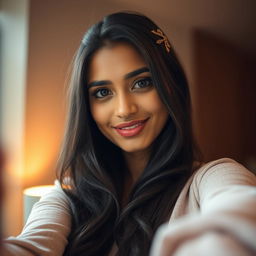 an Indian woman taking a selfie, her expression confident and serene, capturing natural elegance and grace; against a soft lighting background that accentuates her features, the atmosphere of the image radiates warmth and sophistication