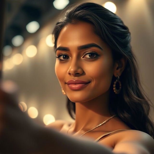 an Indian woman taking a selfie, her expression confident and serene, capturing natural elegance and grace; against a soft lighting background that accentuates her features, the atmosphere of the image radiates warmth and sophistication