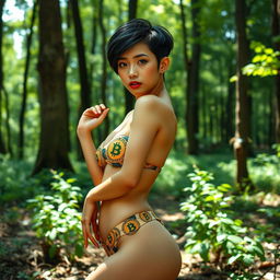 A stunning 18-year-old Japanese woman with a stylish Quiff Pixie haircut, provocatively posing amidst a serene forest setting