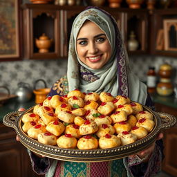 A woman wearing a beautifully detailed hijab, holding a large ornate tray filled with Egyptian mahshi