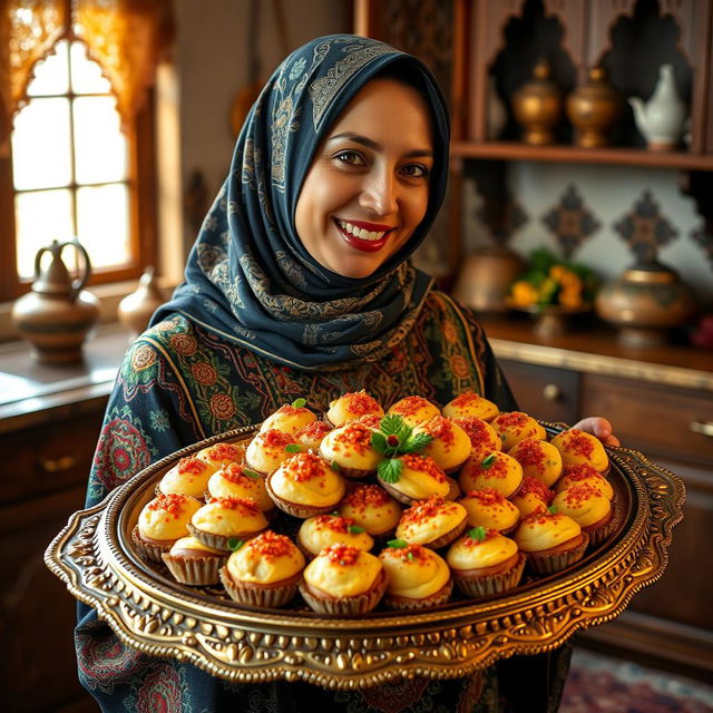 A woman wearing a beautifully detailed hijab, holding a large ornate tray filled with Egyptian mahshi