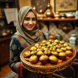 A woman wearing a beautifully detailed hijab, holding a large ornate tray filled with Egyptian mahshi