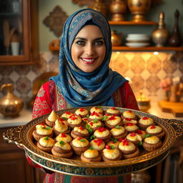 A woman wearing a beautifully detailed hijab, holding a large ornate tray filled with Egyptian mahshi