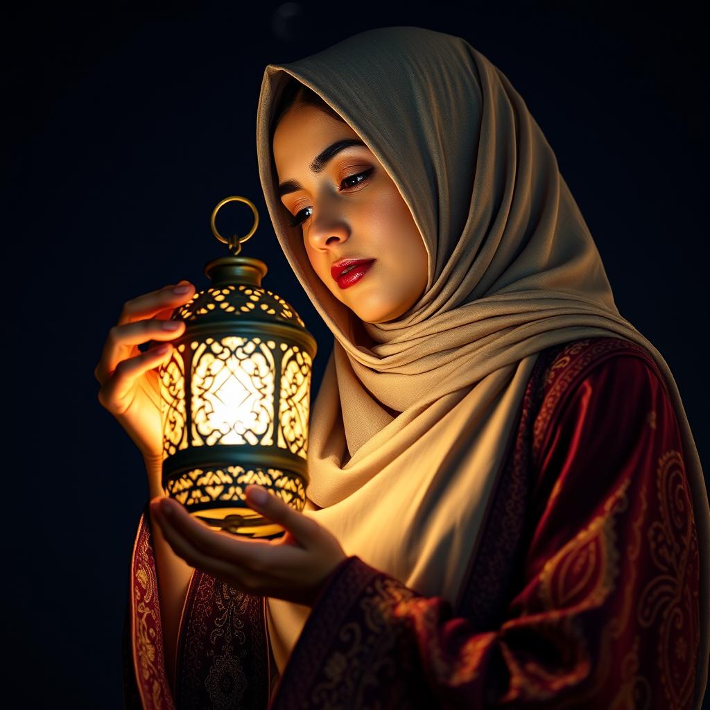 A woman wearing a beautifully draped hijab, gently holding an intricately designed Ramadan lantern