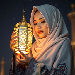 A woman wearing a beautifully draped hijab, gently holding an intricately designed Ramadan lantern