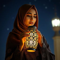 A woman wearing a beautifully draped hijab, gently holding an intricately designed Ramadan lantern