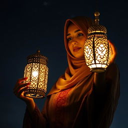 A woman wearing a beautifully draped hijab, gently holding an intricately designed Ramadan lantern