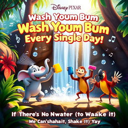 A lively and colorful Disney Pixar movie poster titled "Wash Your Bum Bum, Wash Your Bum Every Single Day"