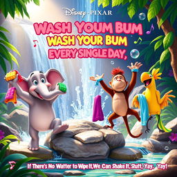 A lively and colorful Disney Pixar movie poster titled "Wash Your Bum Bum, Wash Your Bum Every Single Day"