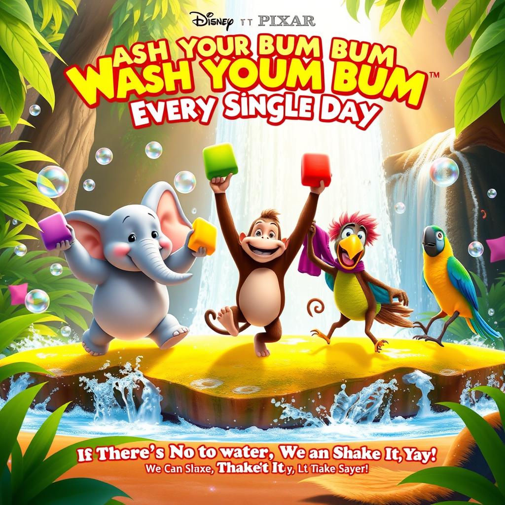 A lively and colorful Disney Pixar movie poster titled "Wash Your Bum Bum, Wash Your Bum Every Single Day"