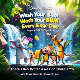 A lively and colorful Disney Pixar movie poster titled "Wash Your Bum Bum, Wash Your Bum Every Single Day"