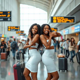 Two tall and slender black twin girls striking a playful pose while wearing short and tight white miniskirts in a bustling airport