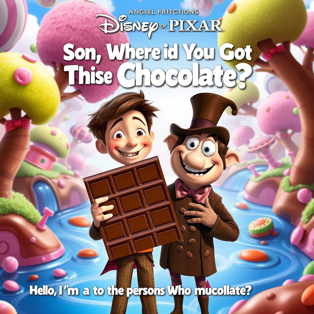 A quirky and colorful Disney Pixar movie poster titled "Son, Where Did You Get This Nice Chocolate?" The poster features an animated world with whimsical, candy-inspired landscapes