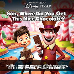 A quirky and colorful Disney Pixar movie poster titled "Son, Where Did You Get This Nice Chocolate?" The poster features an animated world with whimsical, candy-inspired landscapes