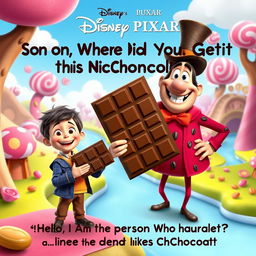 A quirky and colorful Disney Pixar movie poster titled "Son, Where Did You Get This Nice Chocolate?" The poster features an animated world with whimsical, candy-inspired landscapes