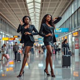 Two tall and slender black twin girls striking a tasteful and artistic pose in a busy airport, captured in an elegant and sophisticated manner