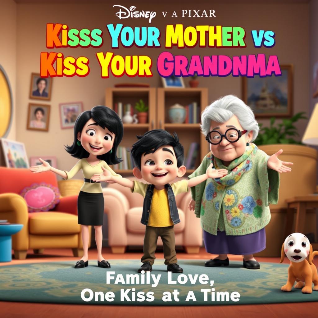 A joyful and colorful Disney Pixar movie poster titled "Kiss Your Mother vs Kiss Your Grandma"