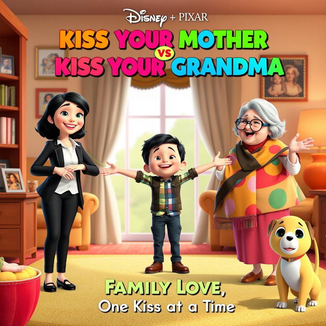 A joyful and colorful Disney Pixar movie poster titled "Kiss Your Mother vs Kiss Your Grandma"