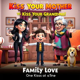 A joyful and colorful Disney Pixar movie poster titled "Kiss Your Mother vs Kiss Your Grandma"