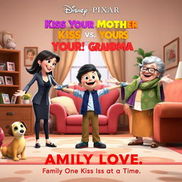 A joyful and colorful Disney Pixar movie poster titled "Kiss Your Mother vs Kiss Your Grandma"