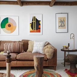 A beautifully decorated room with a balance of modern and rustic elements, featuring a comfortable sofa, a stylish coffee table, a plush rug, and eye-catching wall art.