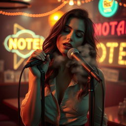 An artistic composition of a woman inspired by Lana Del Rey, a famous American singer-songwriter, in a dimly lit retro roadside bar