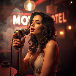 An artistic composition of a woman inspired by Lana Del Rey, a famous American singer-songwriter, in a dimly lit retro roadside bar