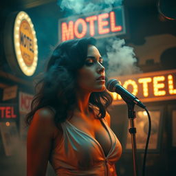 An artistic composition of a woman inspired by Lana Del Rey, a famous American singer-songwriter, in a dimly lit retro roadside bar