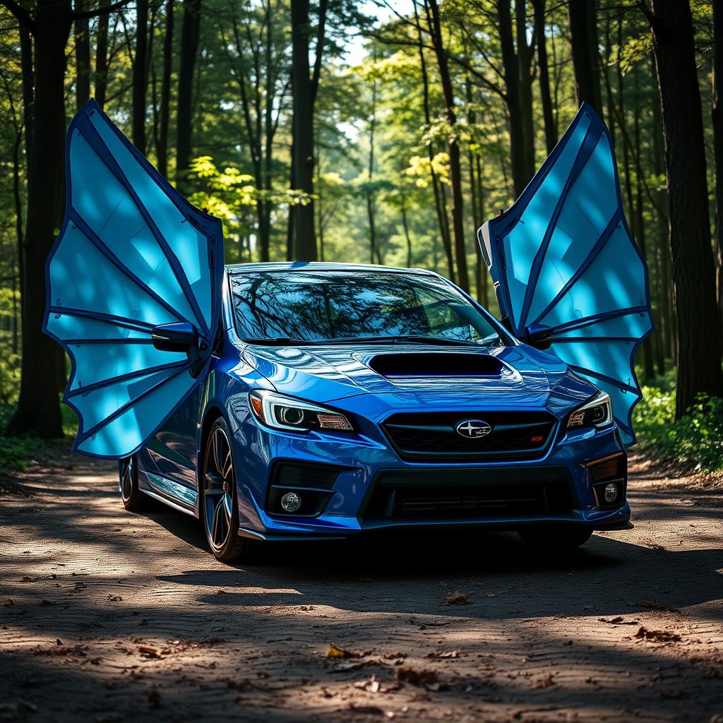 A majestic blue Subaru car with large, elegant wings extending from either side