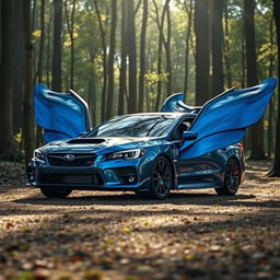 A majestic blue Subaru car with large, elegant wings extending from either side