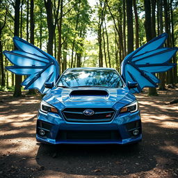 A majestic blue Subaru car with large, elegant wings extending from either side