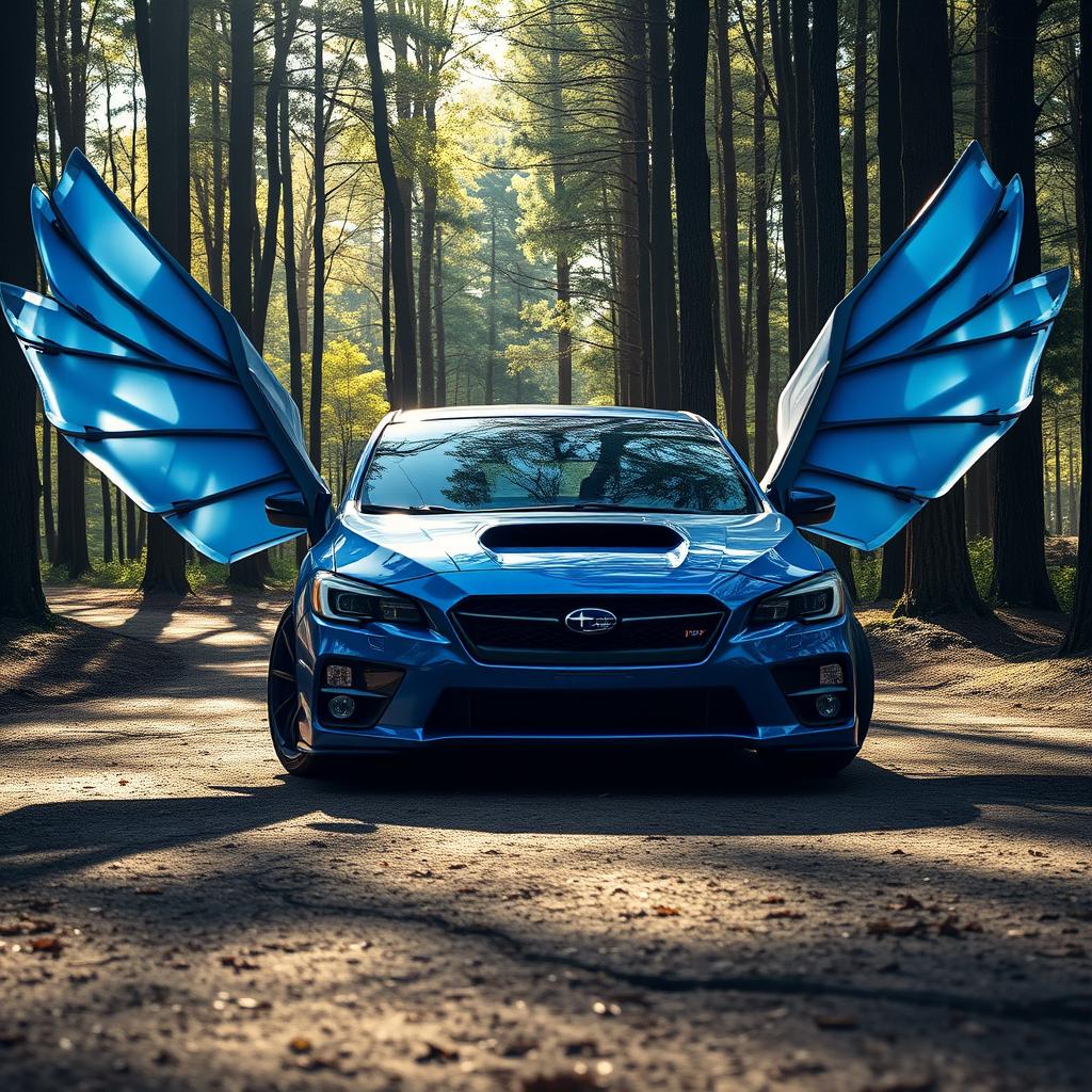 A majestic blue Subaru car with large, elegant wings extending from either side